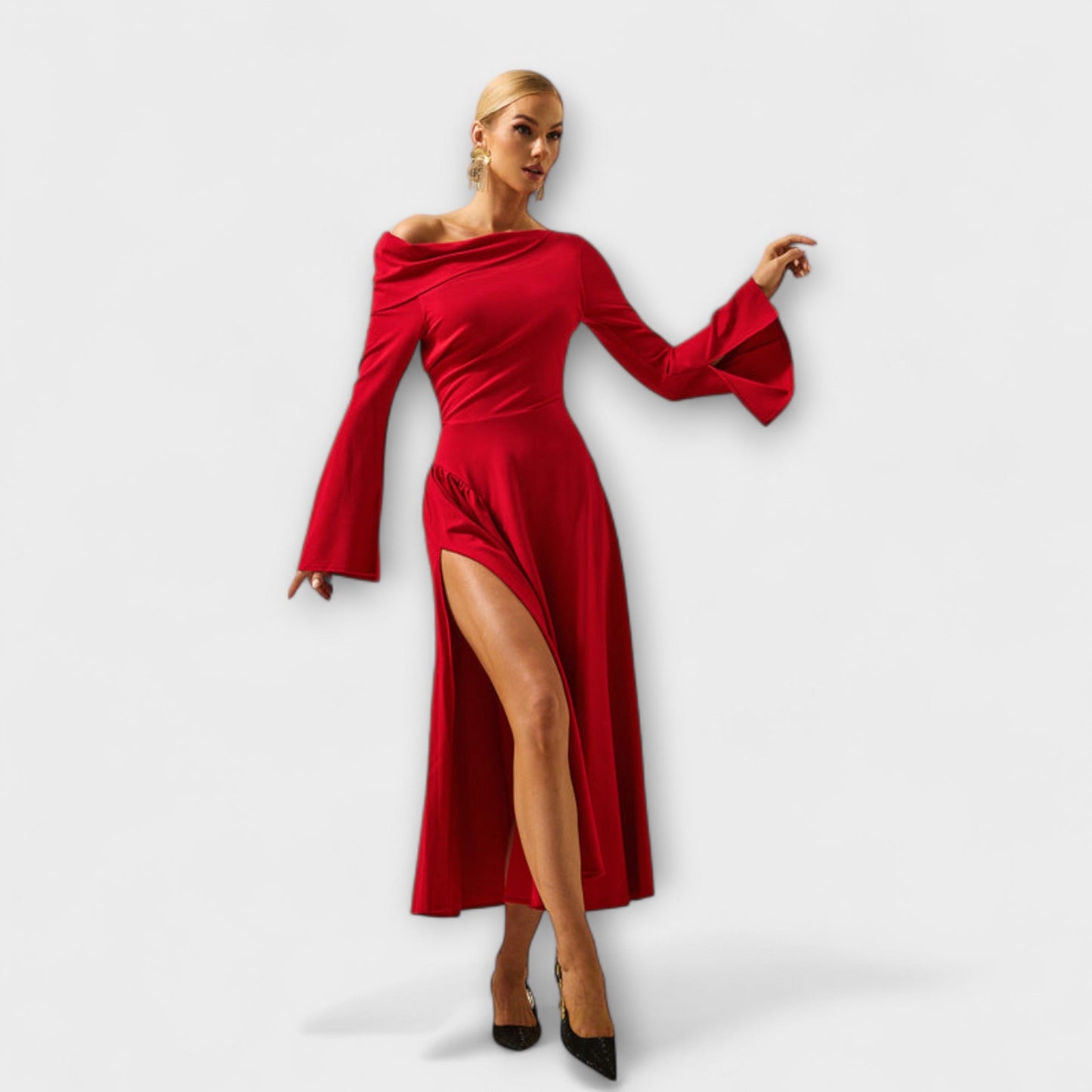 Willa - Off-Shoulder Midi-Kleid mit gerafften Ballärmeln