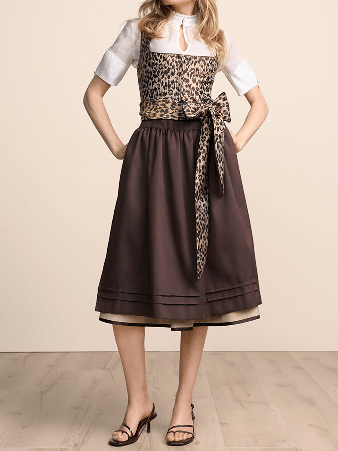 Einfarbiges, knielanges Damenkleid mit Leopardenmuster und Schleife (ohne Oberteil)
