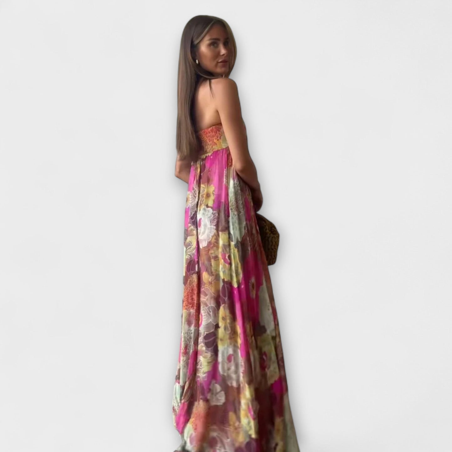 Schickes Retro Trägerloses Plissiertes Maxikleid