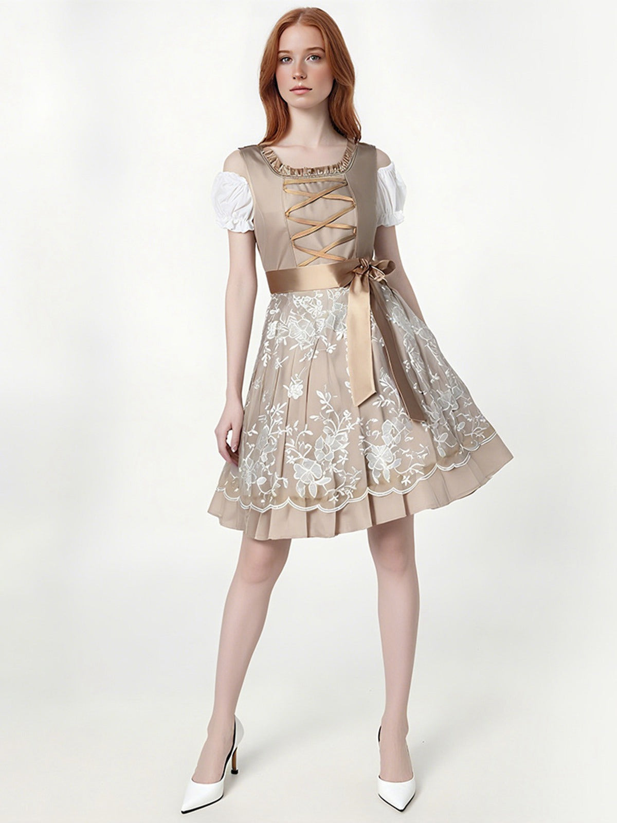 3PCS Sekt 1950er Oktoberfest Dirndl Puffärmel Top & Blumen Bogen Kleid