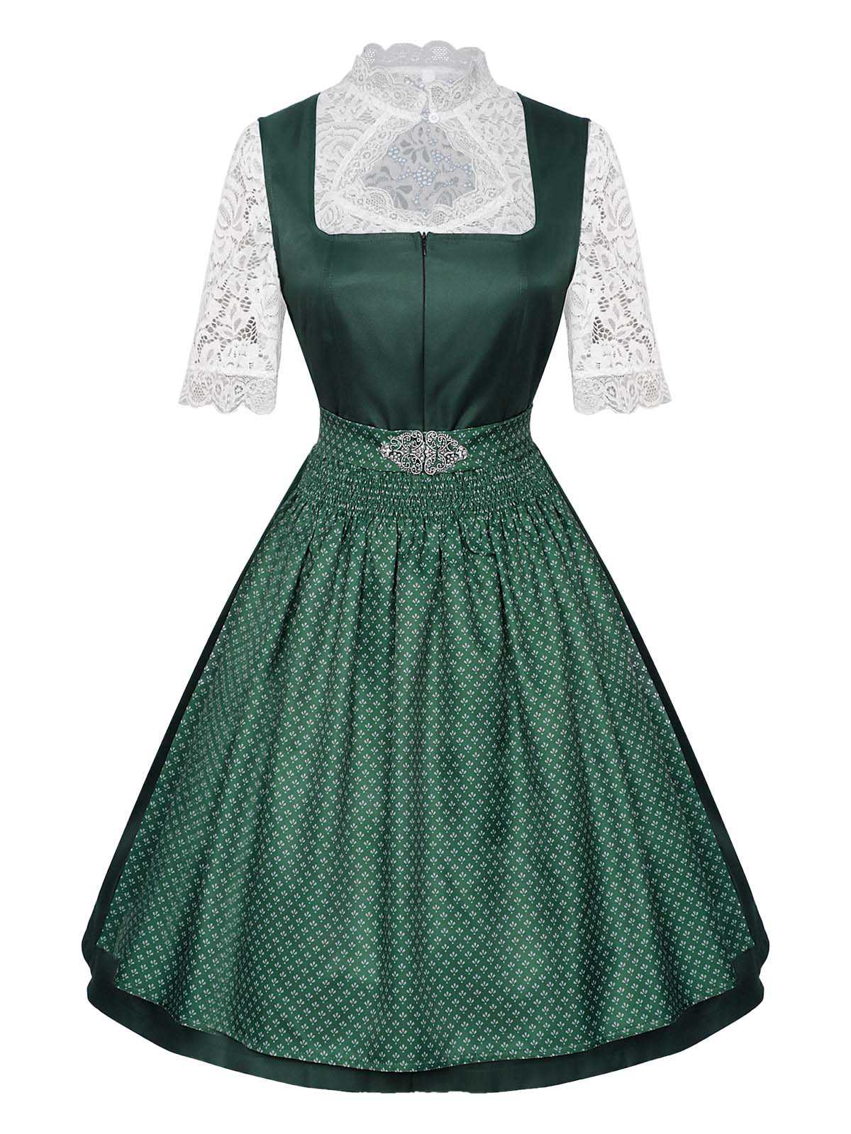 3PCS Grün 1950er Oktoberfest Dirndl Schlüsselloch Spitze Top & Kleid