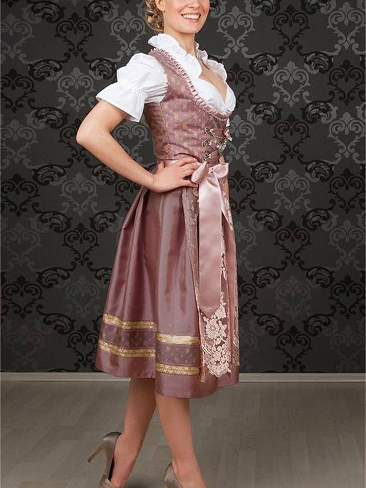 Rose 1950er Oktoberfest Dirndl Blumen Kleid & Besticktes Netz Schürze