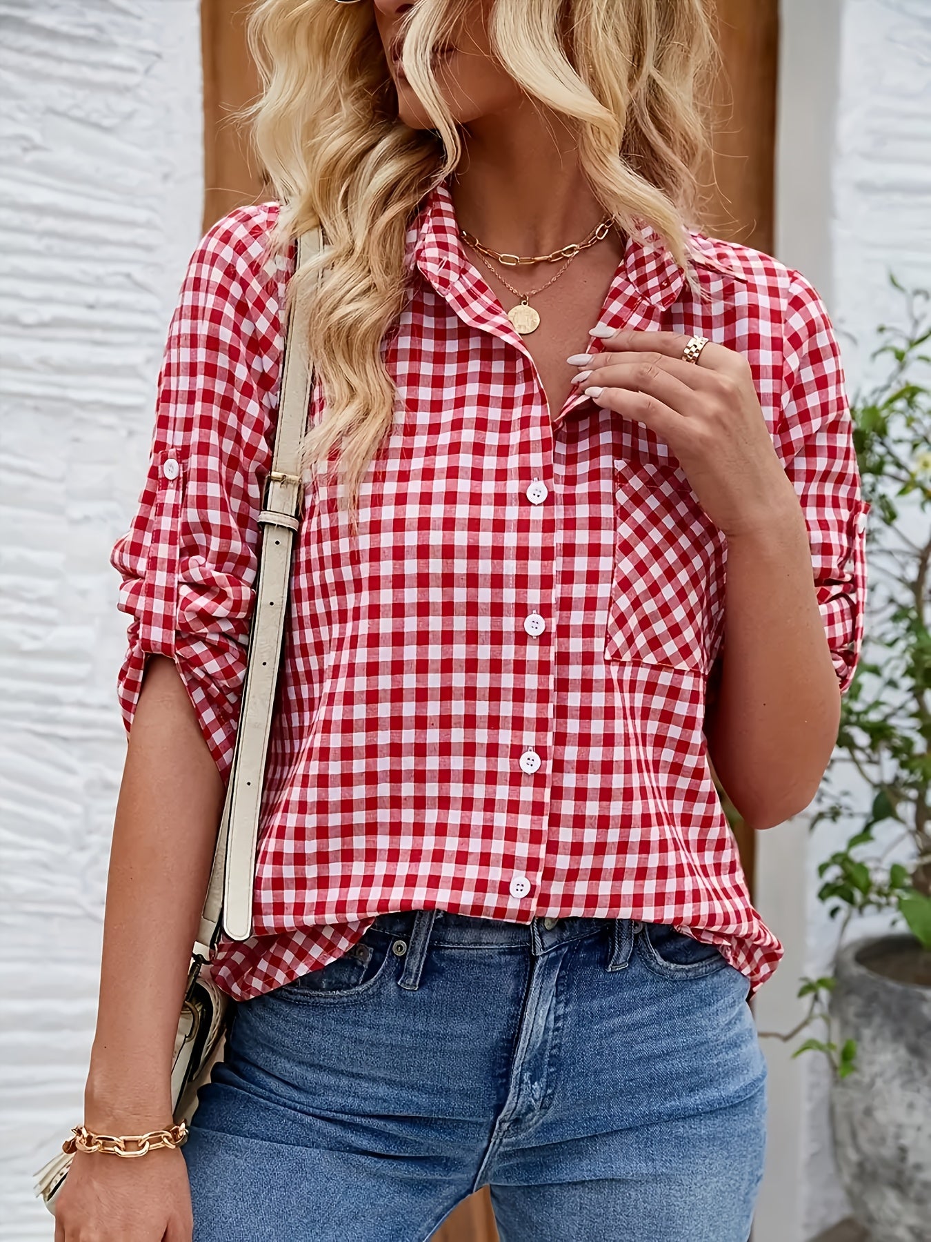 Oktoberfest Damenbluse – Rot Weiß Kariert