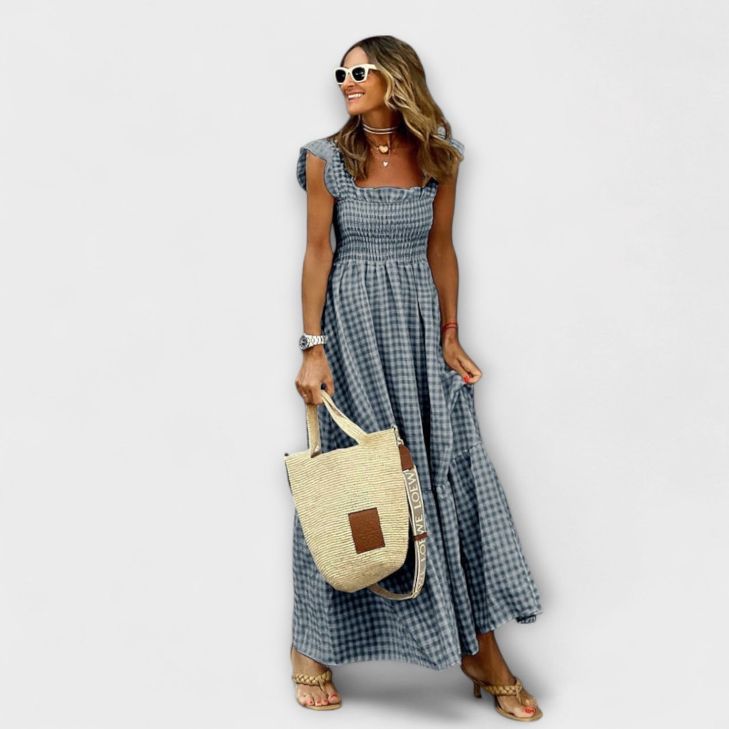 Suri - Maxikleid mit gerafften Karo-Rüschensäumen