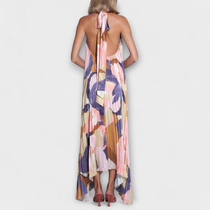 Vida - Schickes Plissiertes Halterneck Rückenfreies Midi-Kleid mit Trägerdesign
