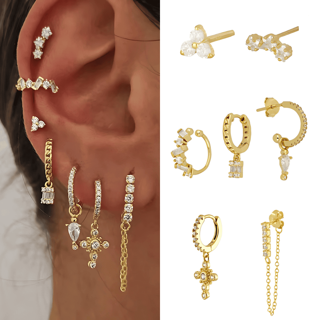 18K GOLDEN HOOP- UND HÄNGENDE OHRRINGESET