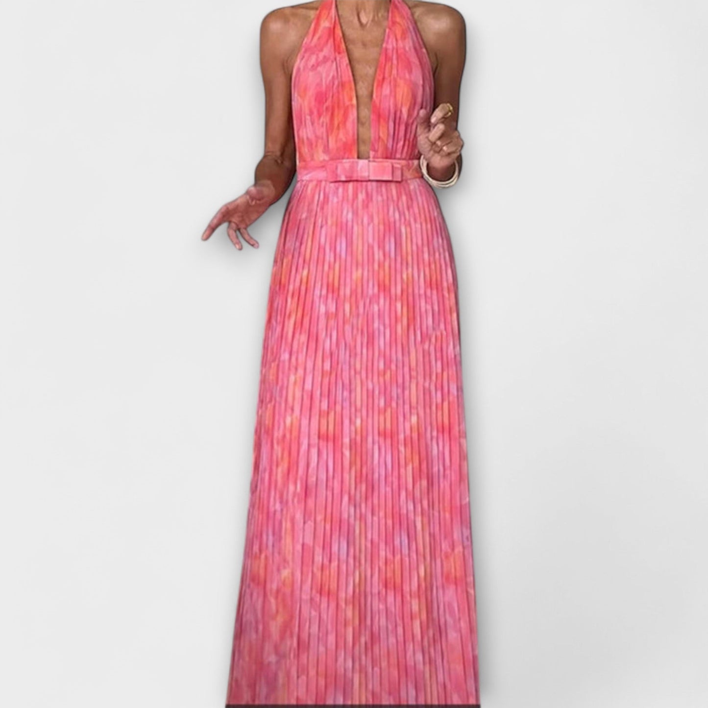Seraphina - Schickes Halter Neck V-Ausschnitt Plissiertes Maxikleid