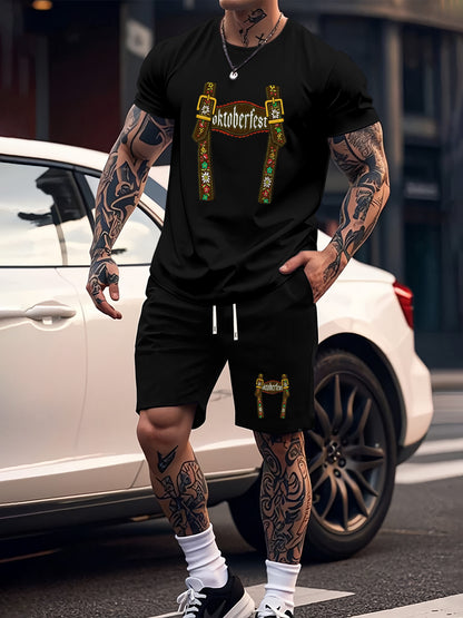 Munich Bierfestival Print Zomer Herenmode 2-delig Set, Casual Ronde Hals T-Shirt en Comfortabele Ademende Shorts Outfit