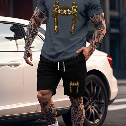 Munich Bierfestival Print Zomer Herenmode 2-delig Set, Casual Ronde Hals T-Shirt en Comfortabele Ademende Shorts Outfit