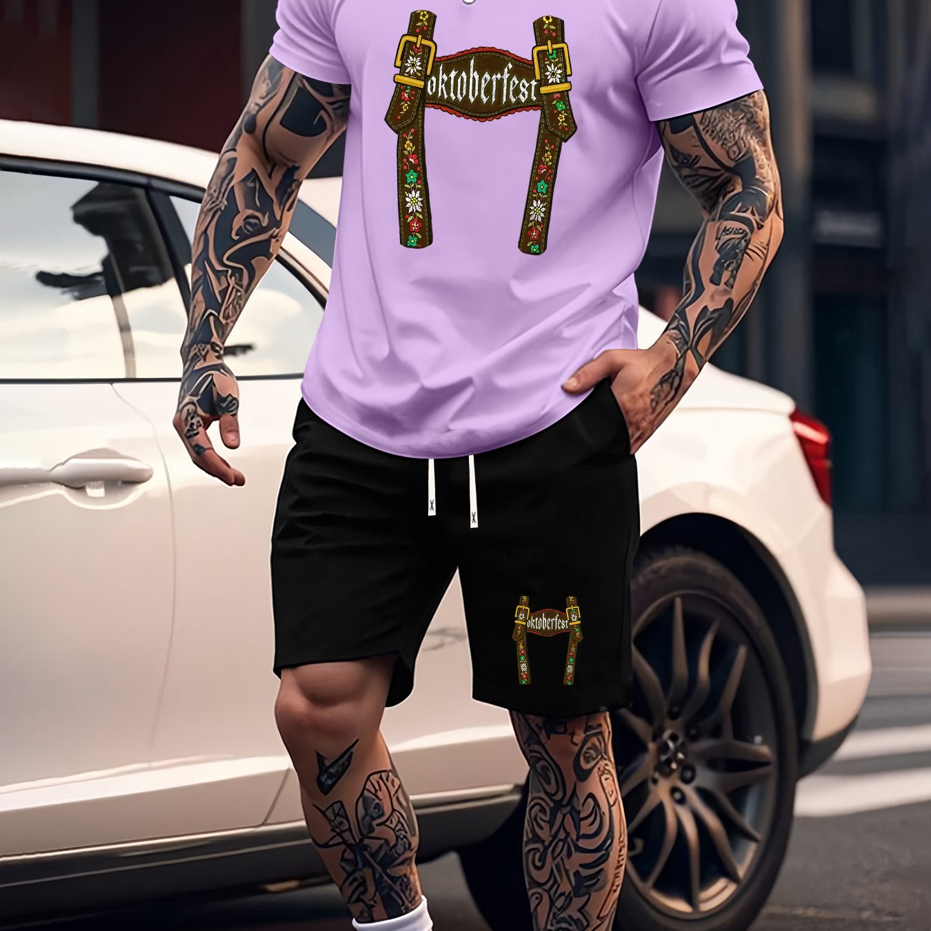 Munich Bierfestival Print Zomer Herenmode 2-delig Set, Casual Ronde Hals T-Shirt en Comfortabele Ademende Shorts Outfit