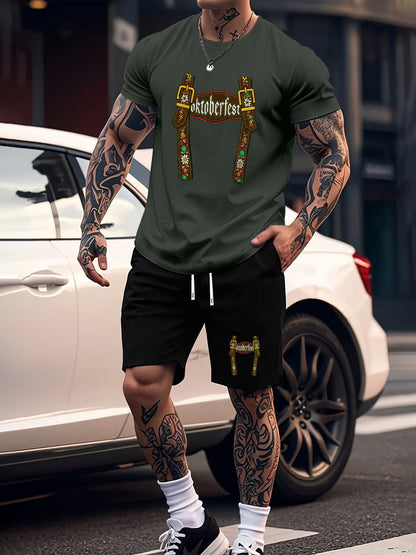 Munich Bierfestival Print Zomer Herenmode 2-delig Set, Casual Ronde Hals T-Shirt en Comfortabele Ademende Shorts Outfit