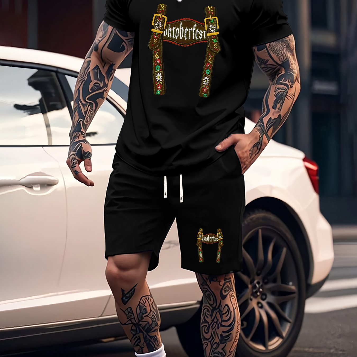 Munich Bierfestival Print Zomer Herenmode 2-delig Set, Casual Ronde Hals T-Shirt en Comfortabele Ademende Shorts Outfit