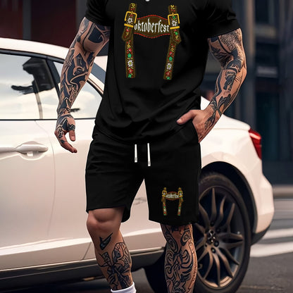 Munich Bierfestival Print Zomer Herenmode 2-delig Set, Casual Ronde Hals T-Shirt en Comfortabele Ademende Shorts Outfit