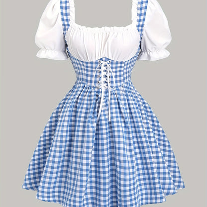 Oktoberfest Dirndl-Kleid – Kariert in Blau oder Rot