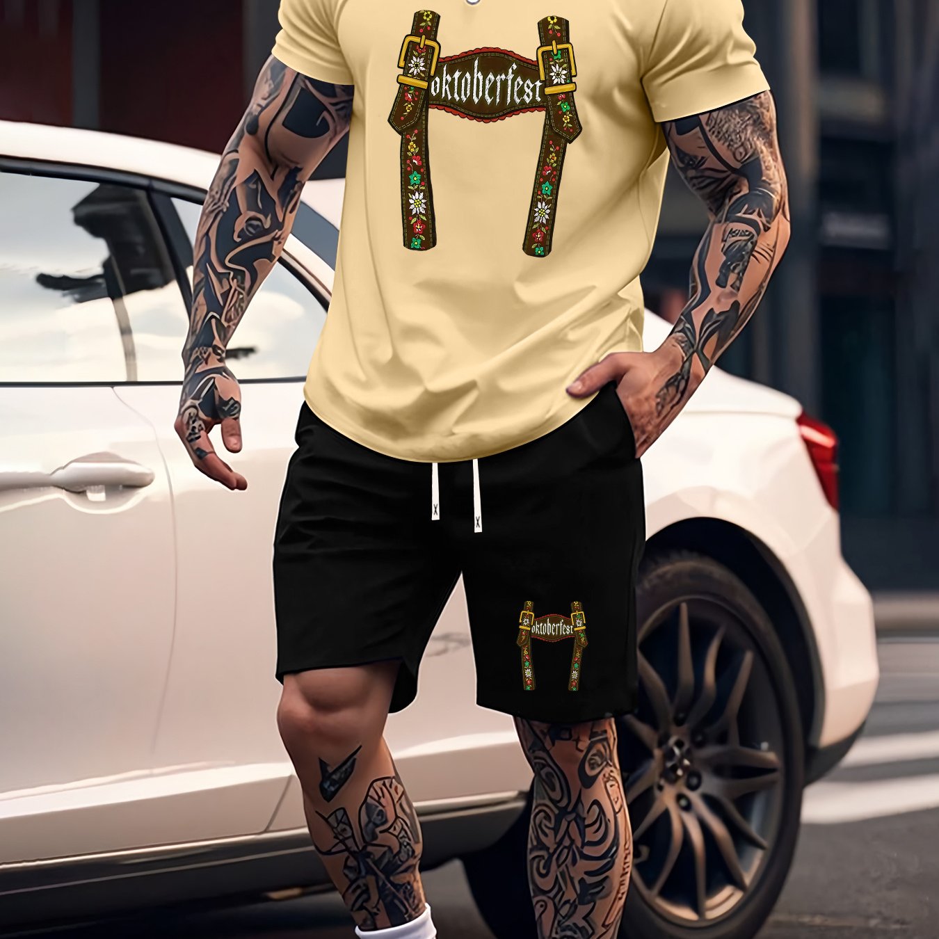 Munich Bierfestival Print Zomer Herenmode 2-delig Set, Casual Ronde Hals T-Shirt en Comfortabele Ademende Shorts Outfit