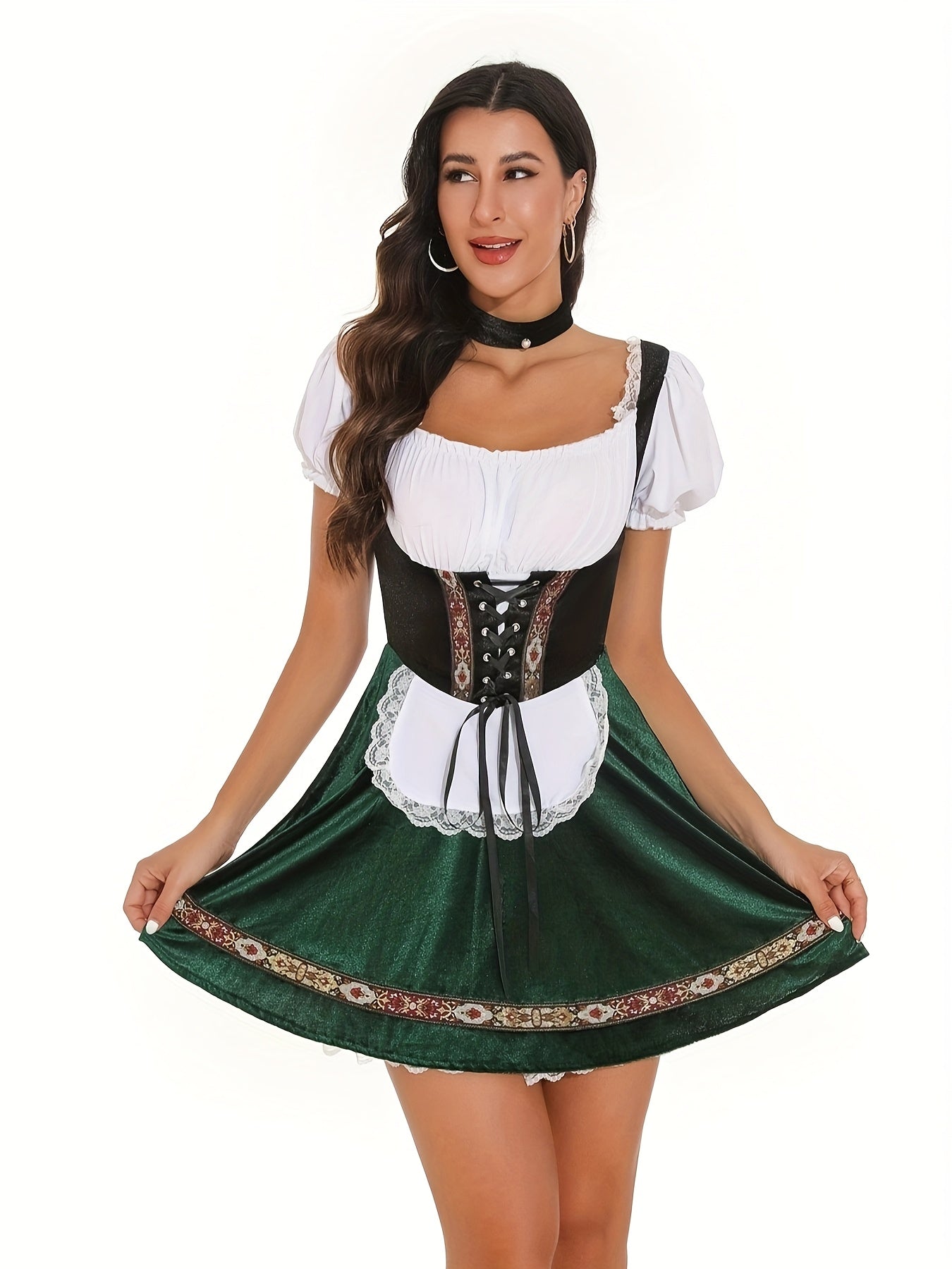 Oktoberfest Dirndl Kleid – Traditionell mit Schürze (Rot & Grün)