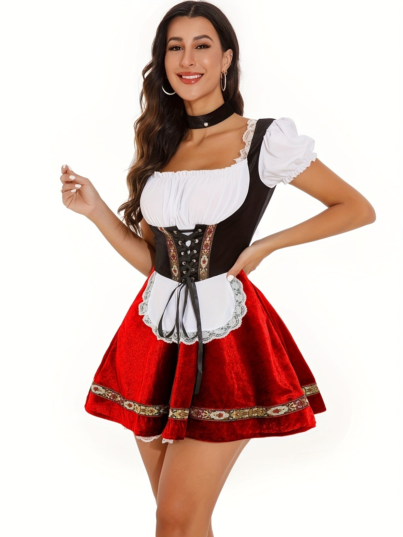 Oktoberfest Dirndl Kleid – Traditionell mit Schürze (Rot & Grün)