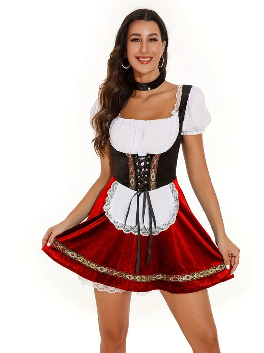 Oktoberfest Dirndl Kleid – Traditionell mit Schürze (Rot & Grün)