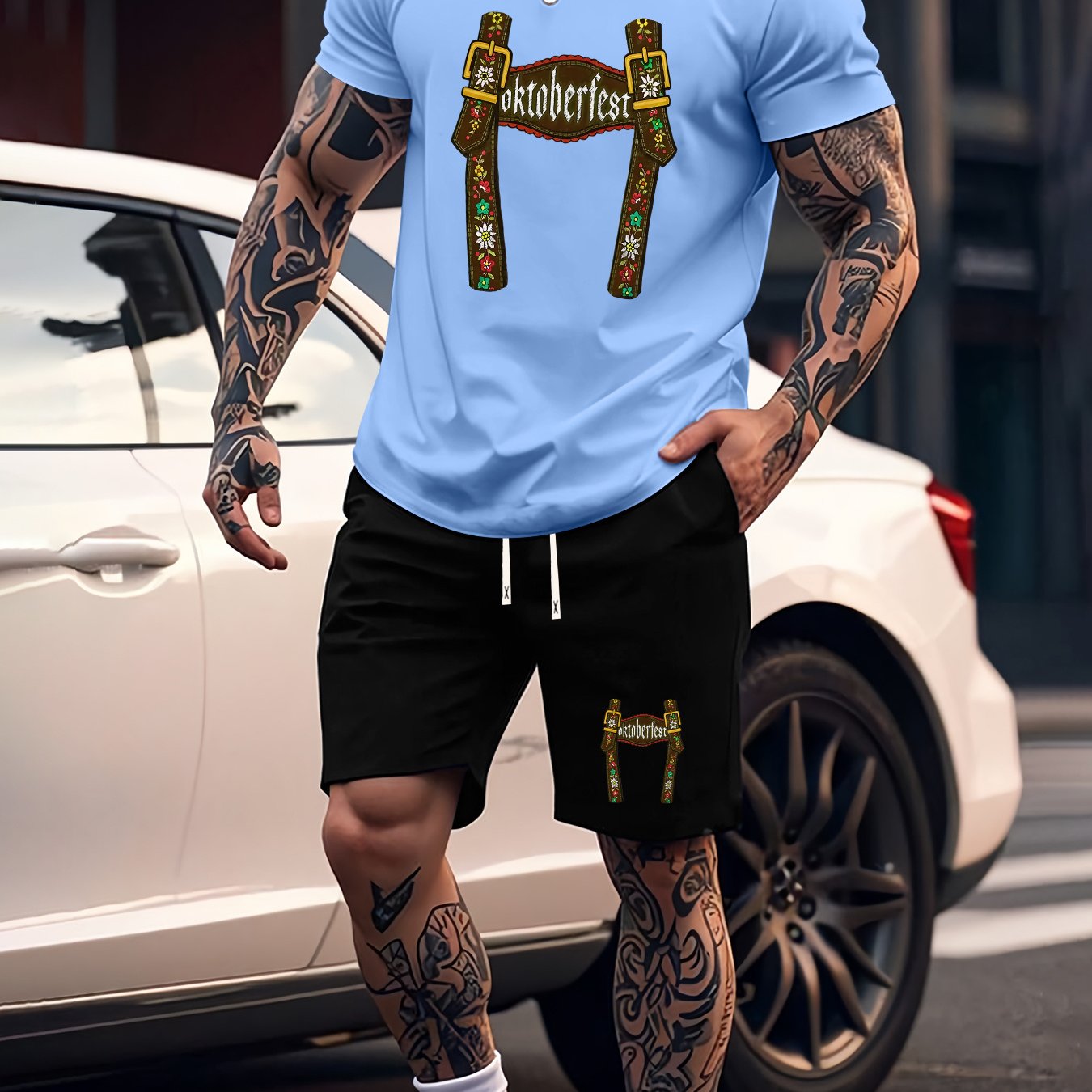 Munich Bierfestival Print Zomer Herenmode 2-delig Set, Casual Ronde Hals T-Shirt en Comfortabele Ademende Shorts Outfit