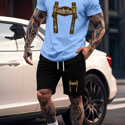 Munich Bierfestival Print Zomer Herenmode 2-delig Set, Casual Ronde Hals T-Shirt en Comfortabele Ademende Shorts Outfit