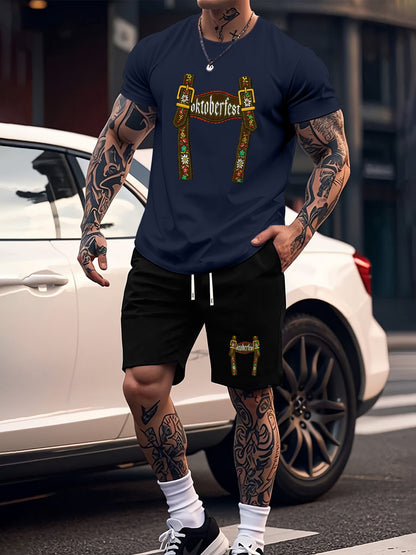 Munich Bierfestival Print Zomer Herenmode 2-delig Set, Casual Ronde Hals T-Shirt en Comfortabele Ademende Shorts Outfit