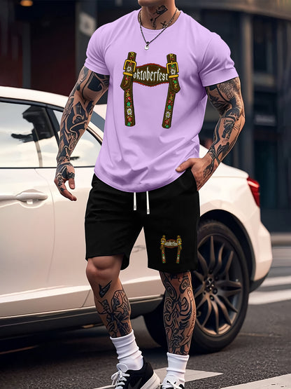 Munich Bierfestival Print Zomer Herenmode 2-delig Set, Casual Ronde Hals T-Shirt en Comfortabele Ademende Shorts Outfit