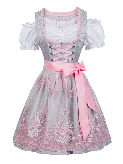 3PCS Rosa 1950er Oktoberfest Dirndl Blumen Jacquard Stickerei Kleid & Top