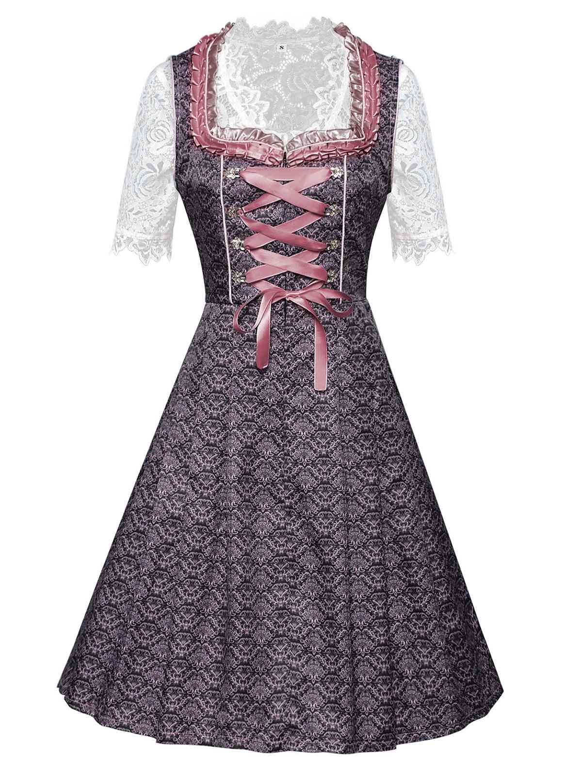 3PCS Rosa 1950er Oktoberfest Dirndl Spitze Top & Stickerei Schleife Kleid
