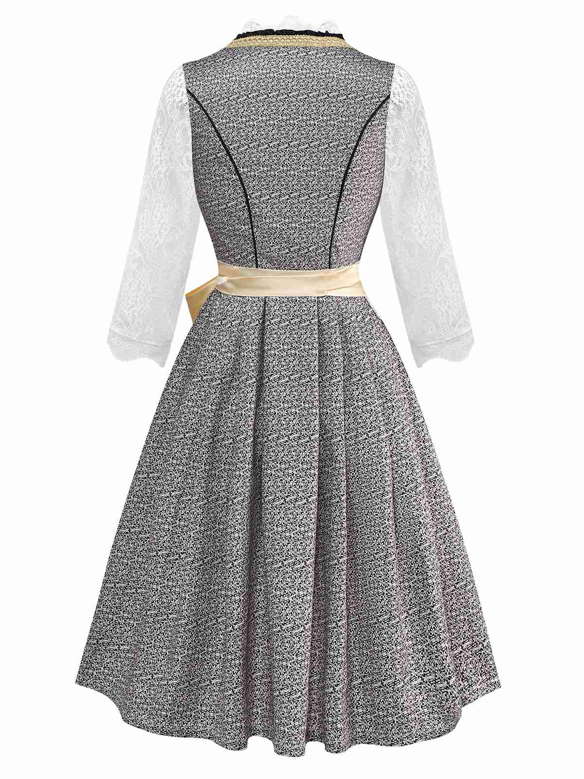 3PCS Gold 1950er Oktoberfest Dirndl Spitze Top & Blumen Kleid