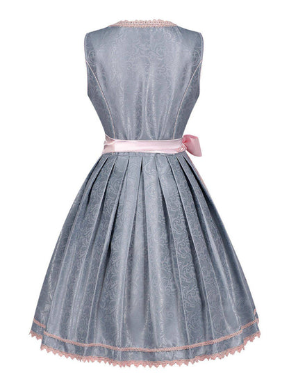 2PCS Blaugrau 1950er Oktoberfest Dirndl Blumen Kleid & Stickerei Schürze