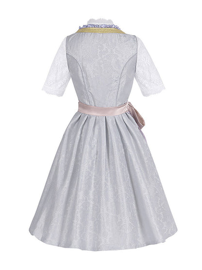 3PCS Hellgrau 1950er Oktoberfest Dirndl Blumen Spitze Top & Schnürung Kleid