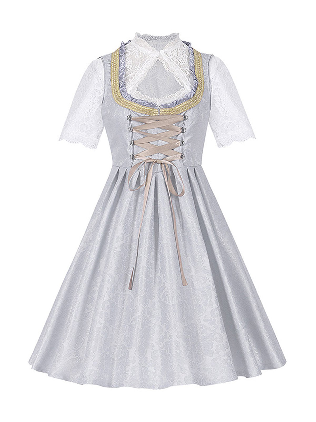 3PCS Hellgrau 1950er Oktoberfest Dirndl Blumen Spitze Top & Schnürung Kleid