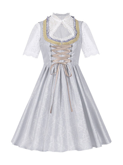 3PCS Hellgrau 1950er Oktoberfest Dirndl Blumen Spitze Top & Schnürung Kleid
