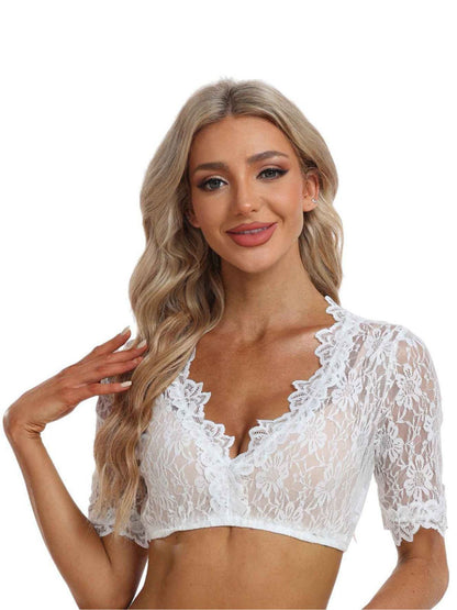 Weiß 1950er Oktoberfest Solide V-Ausschnitt Blumen Spitze Crop Top
