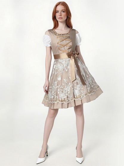 3PCS Sekt 1950er Oktoberfest Dirndl Puffärmel Top & Blumen Bogen Kleid