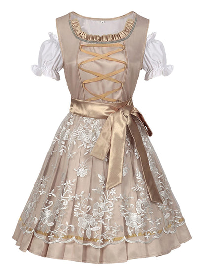 3PCS Sekt 1950er Oktoberfest Dirndl Puffärmel Top & Blumen Bogen Kleid
