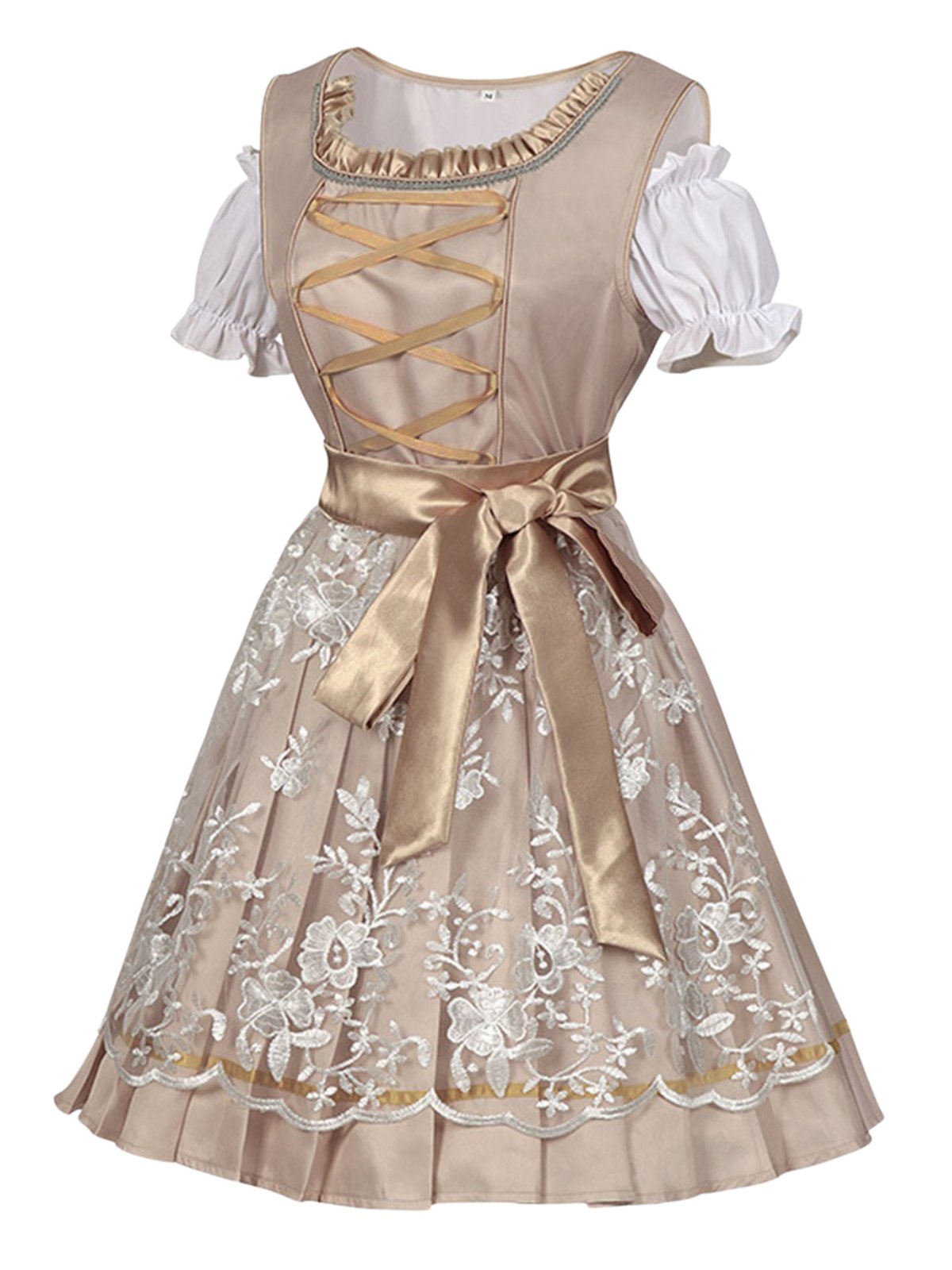 3PCS Sekt 1950er Oktoberfest Dirndl Puffärmel Top & Blumen Bogen Kleid