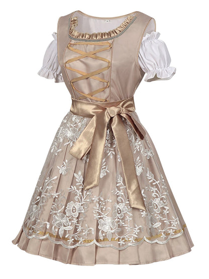 3PCS Sekt 1950er Oktoberfest Dirndl Puffärmel Top & Blumen Bogen Kleid