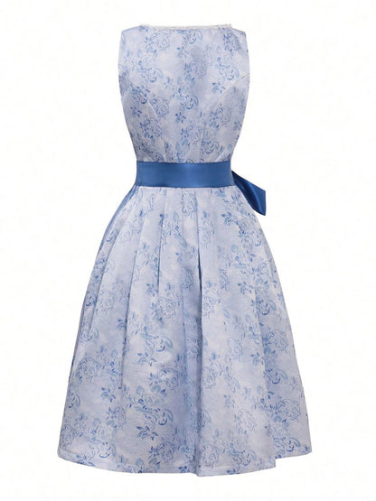 2PCS Blau 1950er Oktoberfest Dirndl Blumen Schnürung Kleid & Schürze