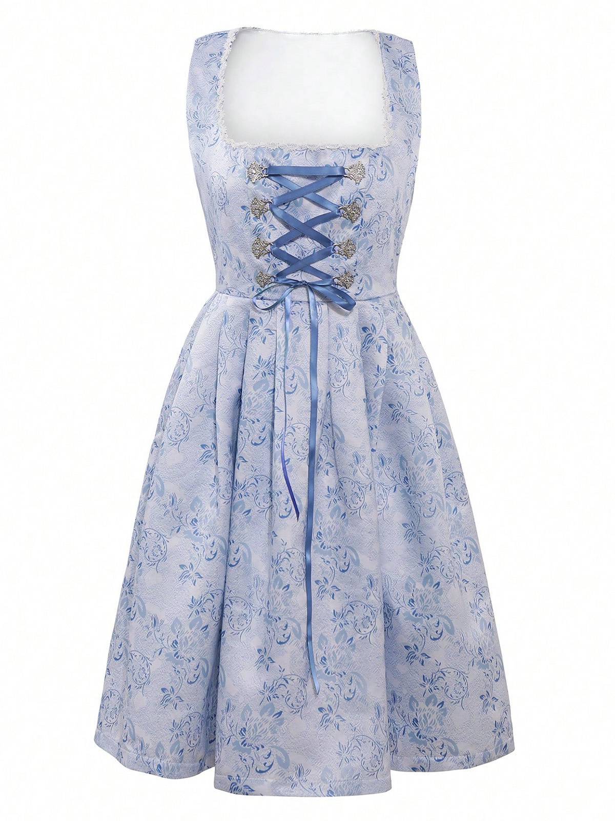 2PCS Blau 1950er Oktoberfest Dirndl Blumen Schnürung Kleid & Schürze