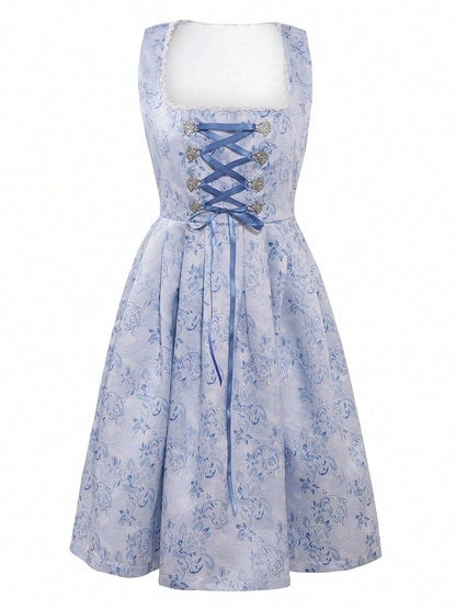 2PCS Blau 1950er Oktoberfest Dirndl Blumen Schnürung Kleid & Schürze