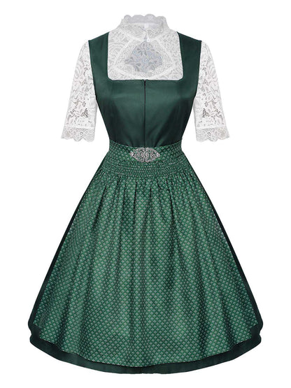3PCS Grün 1950er Oktoberfest Dirndl Schlüsselloch Spitze Top & Kleid