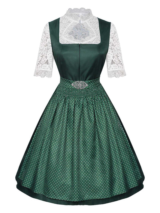 3PCS Grün 1950er Oktoberfest Dirndl Schlüsselloch Spitze Top & Kleid