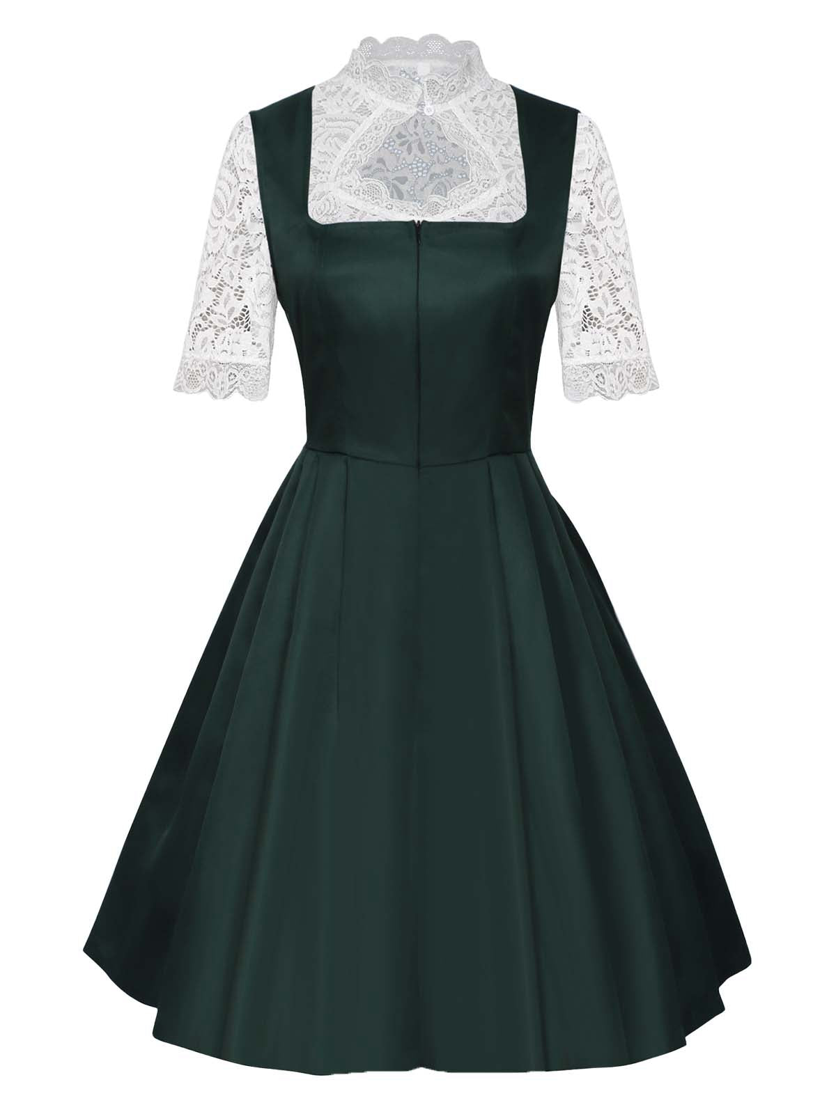 3PCS Grün 1950er Oktoberfest Dirndl Schlüsselloch Spitze Top & Kleid