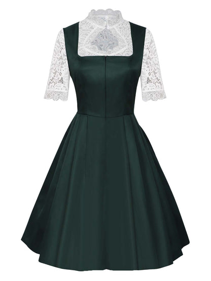 3PCS Grün 1950er Oktoberfest Dirndl Schlüsselloch Spitze Top & Kleid