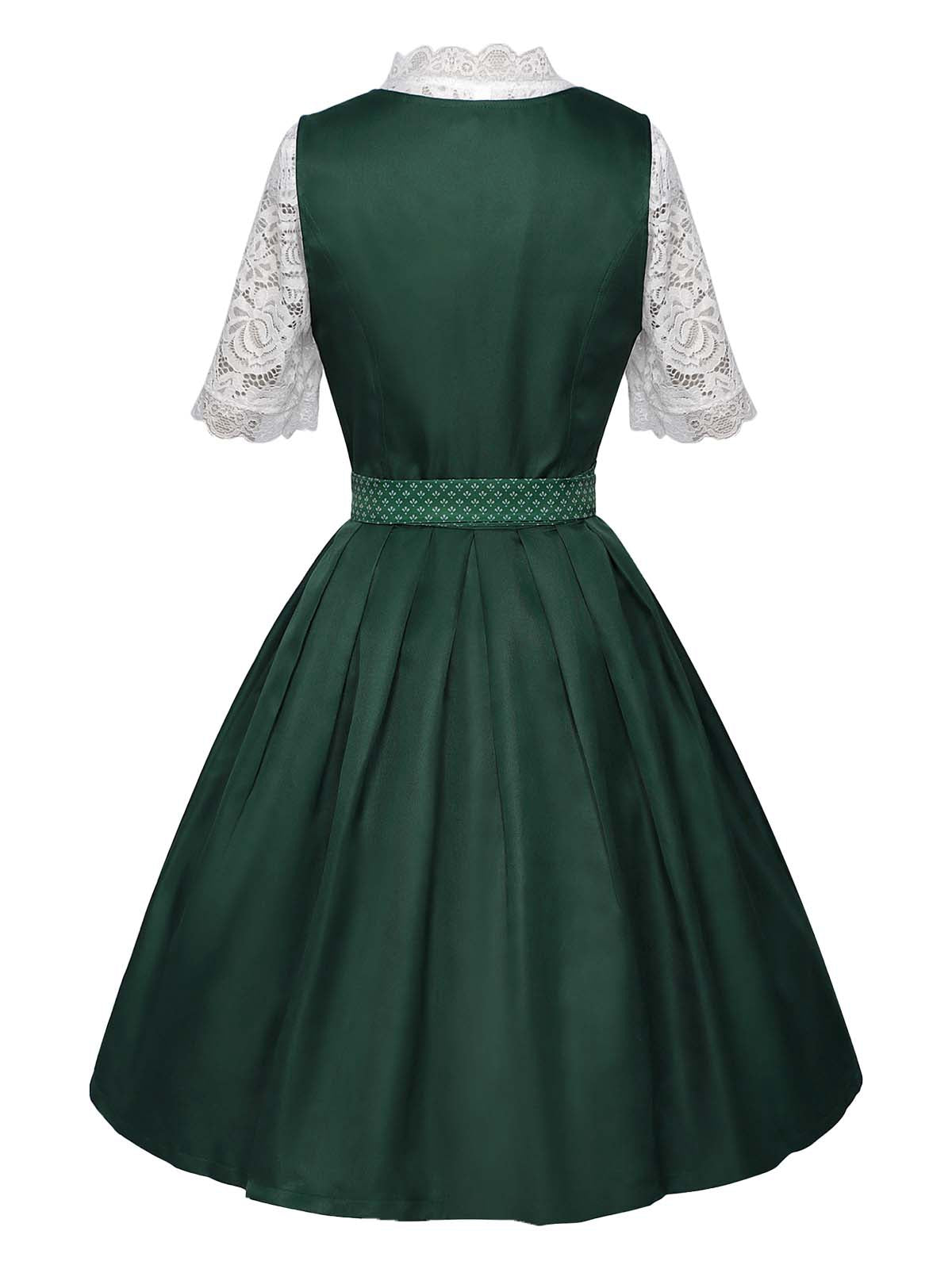 3PCS Grün 1950er Oktoberfest Dirndl Schlüsselloch Spitze Top & Kleid