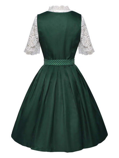 3PCS Grün 1950er Oktoberfest Dirndl Schlüsselloch Spitze Top & Kleid