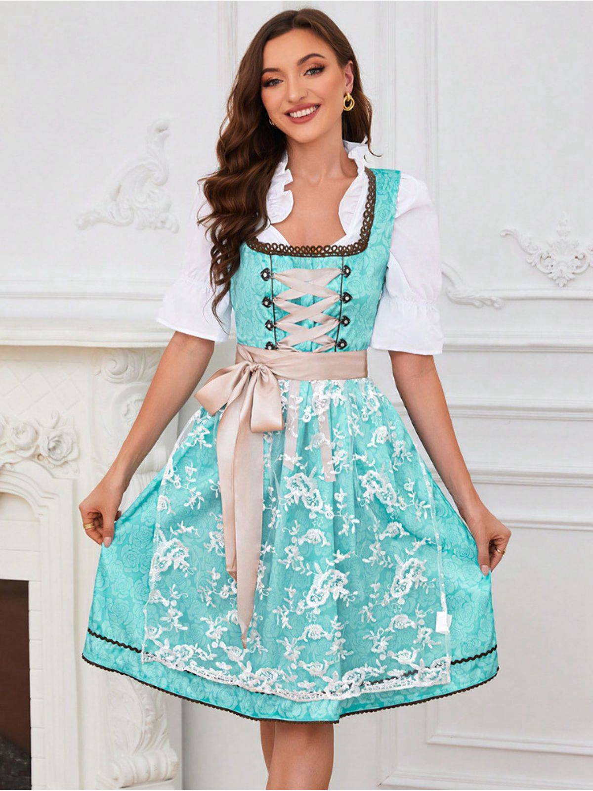 2PCS Blau 1950er Oktoberfest Blumen Jacquard Kleid & Besticktes Schürze