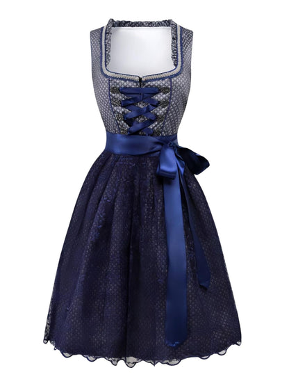 2PCS Dunkelblau 1950er Oktoberfest Dirndl Blumen Schnürung Kleid & Schürze