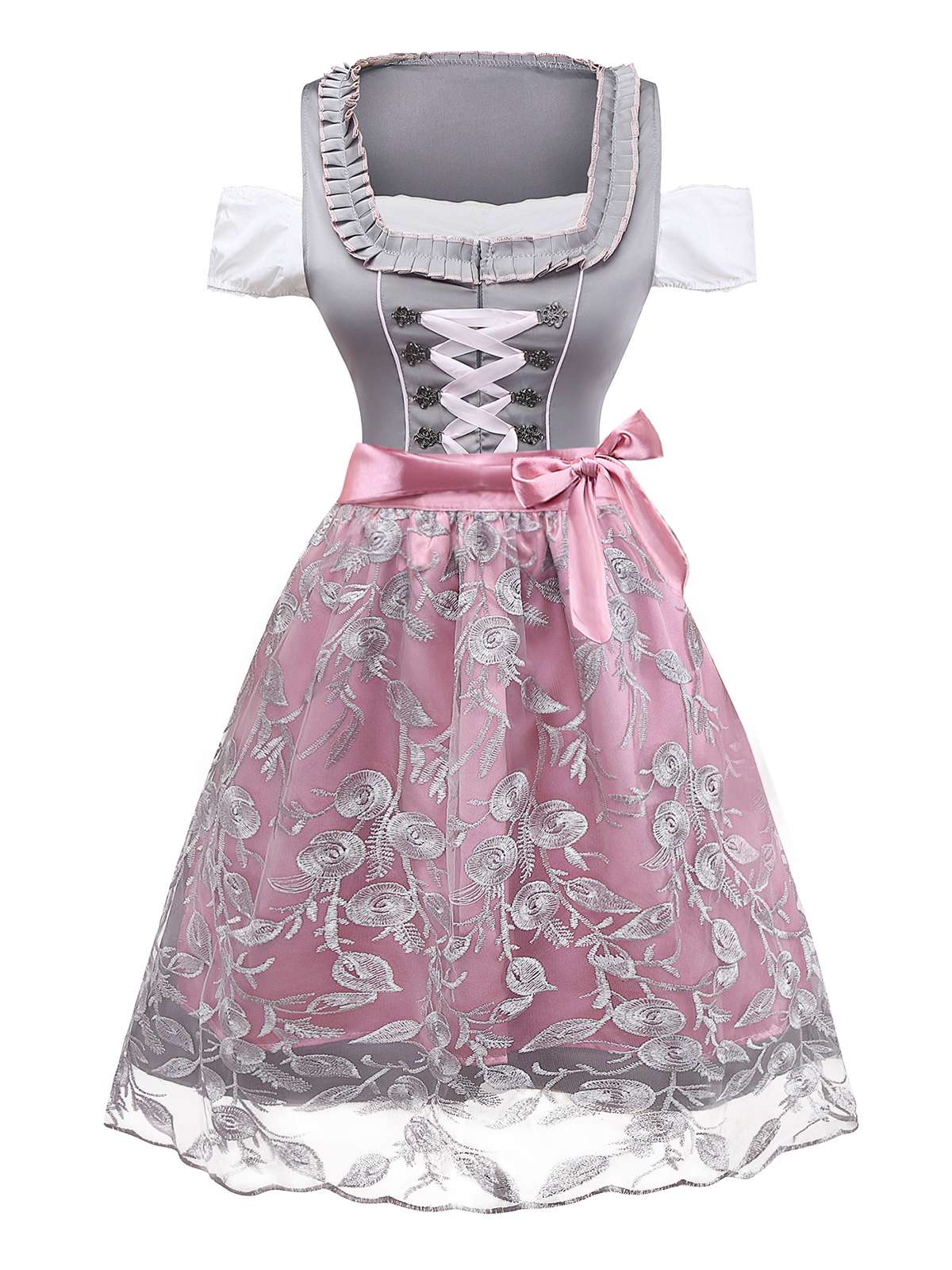 3PCS Rosa 1950er Oktoberfest Dirndl Satin Spitze Besticktes Kleid & Top